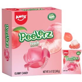 AMOS Peelerz Peach Lollies - Peelable Confectionery, Gluten-Free & Fat-Free Snack Sweets with Real Fruit Juice, 240g Box (Approx. 10 Packs) - Bulk Candy Snack for Parties, Christmas, Kids & Adults